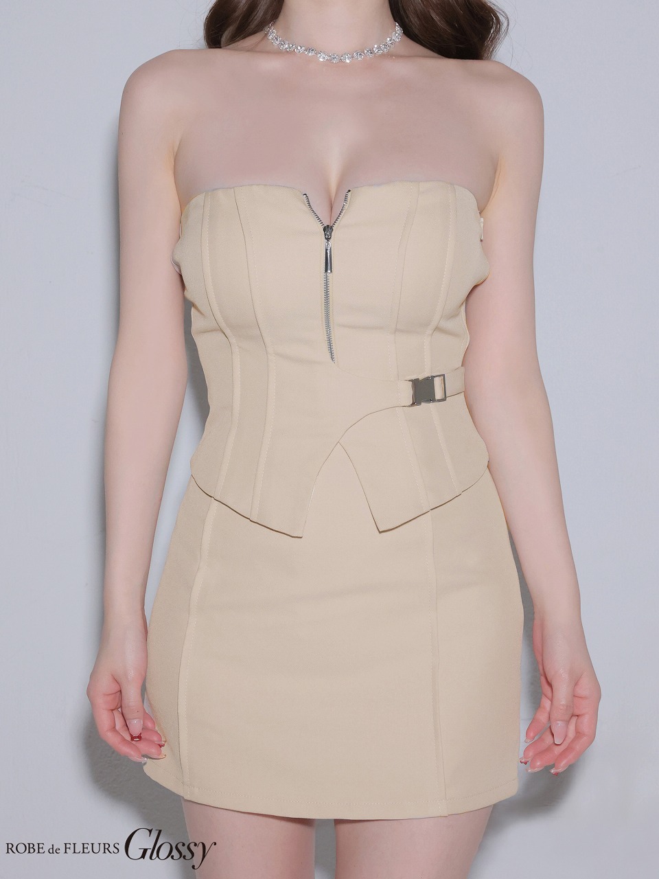 Glossy ローブドフルールグロッシー 【XSサイズあり】フロントジップサイドベルトセットアップミニキャバドレス gl4164