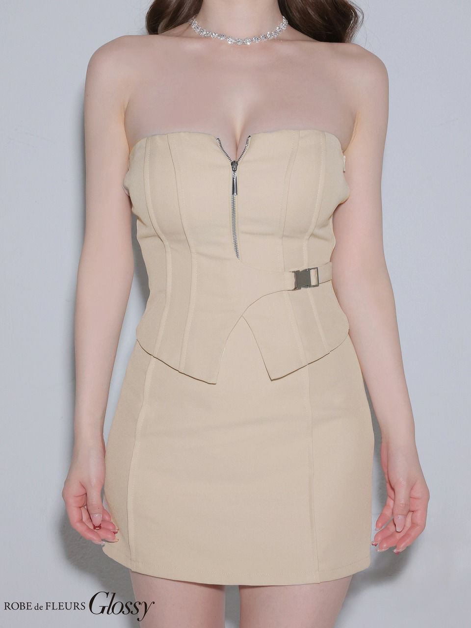 Glossy ローブドフルールグロッシー 【XSサイズあり】フロントジップサイドベルトセットアップミニキャバドレス gl4164