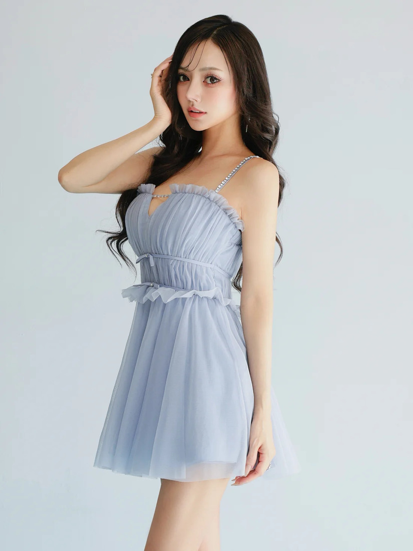 AngelR エンジェルアール ベアトップフリルビジューチェーンウエストリボンフレアマイクロミニドレス ar26804