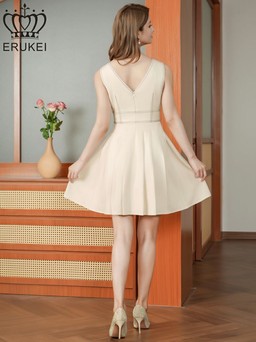 ERUKEI エルケイ ワンカラー・ステッチ・Vネック・ノースリーブ・プリーツ・Aライン・ミニドレス・ワンピース ek-e25116