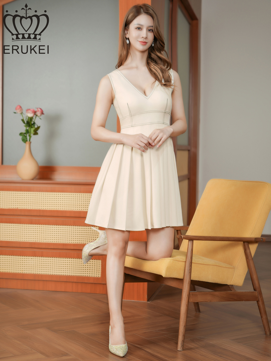 ERUKEI エルケイ ワンカラー・ステッチ・Vネック・ノースリーブ・プリーツ・Aライン・ミニドレス・ワンピース ek-e25116