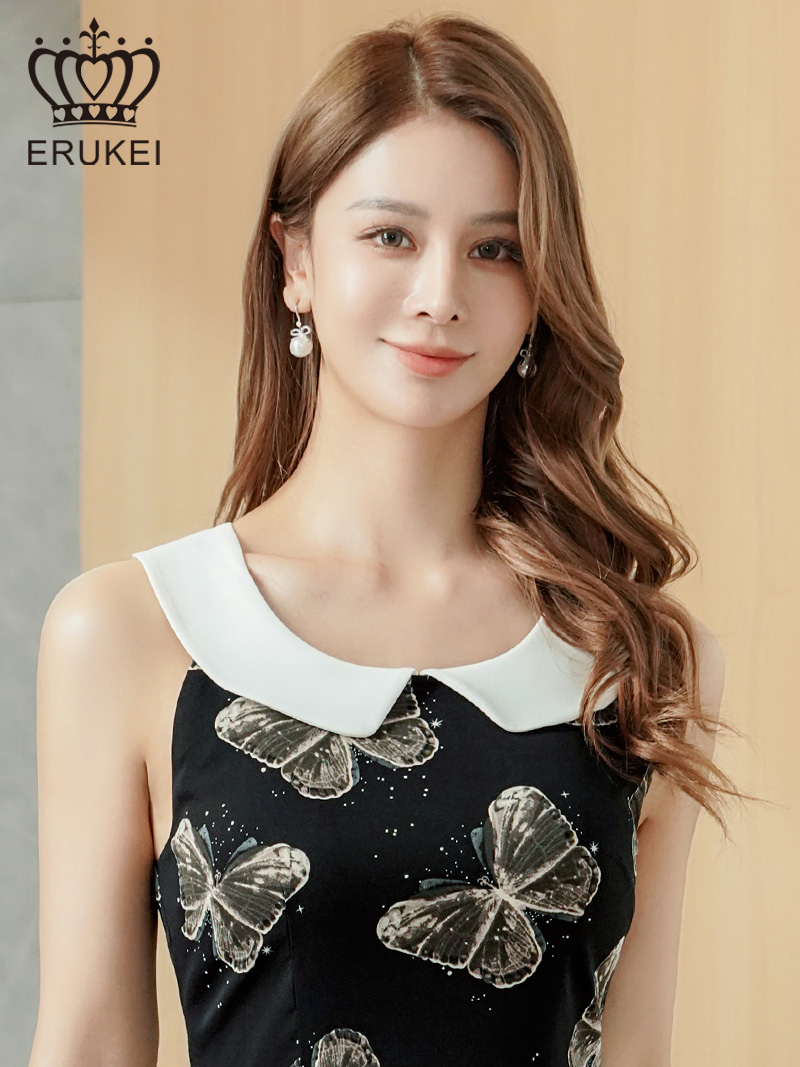 ERUKEI エルケイ ブラック×ホワイト バタフライ柄・プリント・ローカラー・襟付き・アメリカンスリーブ・ティアード・Aライン・ミニドレス・ワンピース ek-e25269