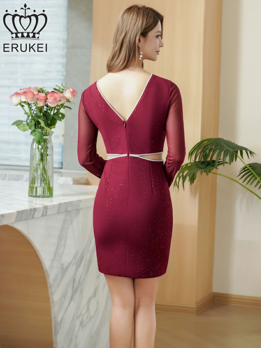 ERUKEI エルケイ ワインレッド ラメ・カットアウト・ラインストーン・メッシュ・長袖・ロングスリーブ・タイト・ミニドレス・ワンピース ek-e25324