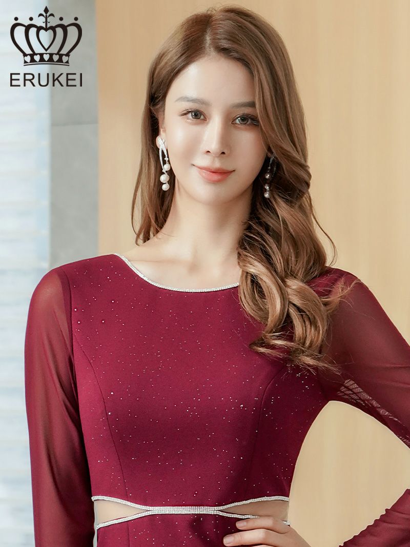 ERUKEI エルケイ ワインレッド ラメ・カットアウト・ラインストーン・メッシュ・長袖・ロングスリーブ・タイト・ミニドレス・ワンピース ek-e25324