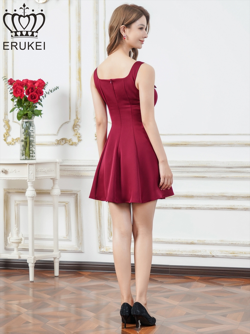 ERUKEI エルケイ ドット・ワンカラー・サテン・ノースリーブ・リボン・フレア・Aライン・ミニドレス・ワンピース ek-e25103