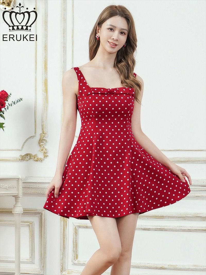 ERUKEI エルケイ ドット・ワンカラー・サテン・ノースリーブ・リボン・フレア・Aライン・ミニドレス・ワンピース ek-e25103