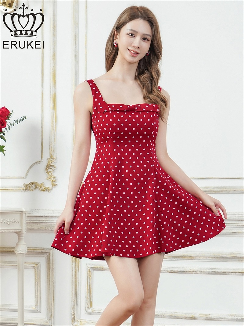 ERUKEI エルケイ ドット・ワンカラー・サテン・ノースリーブ・リボン・フレア・Aライン・ミニドレス・ワンピース ek-e25103