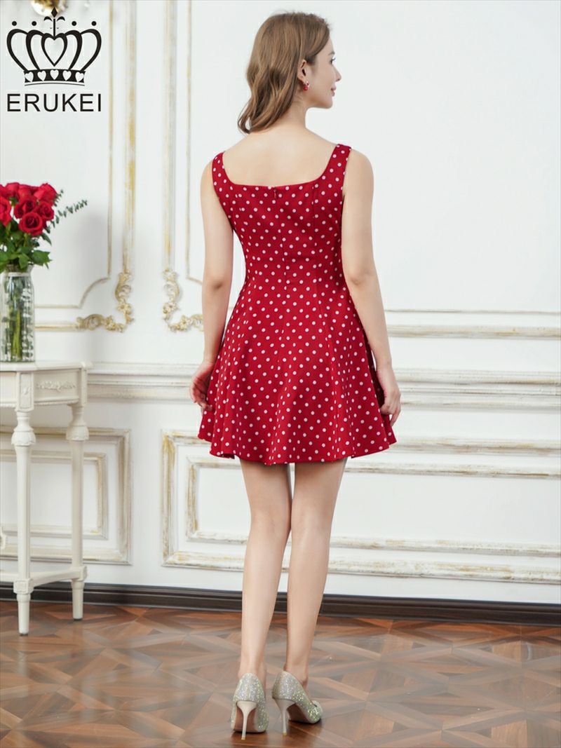 ERUKEI エルケイ ドット・ワンカラー・サテン・ノースリーブ・リボン・フレア・Aライン・ミニドレス・ワンピース ek-e25103