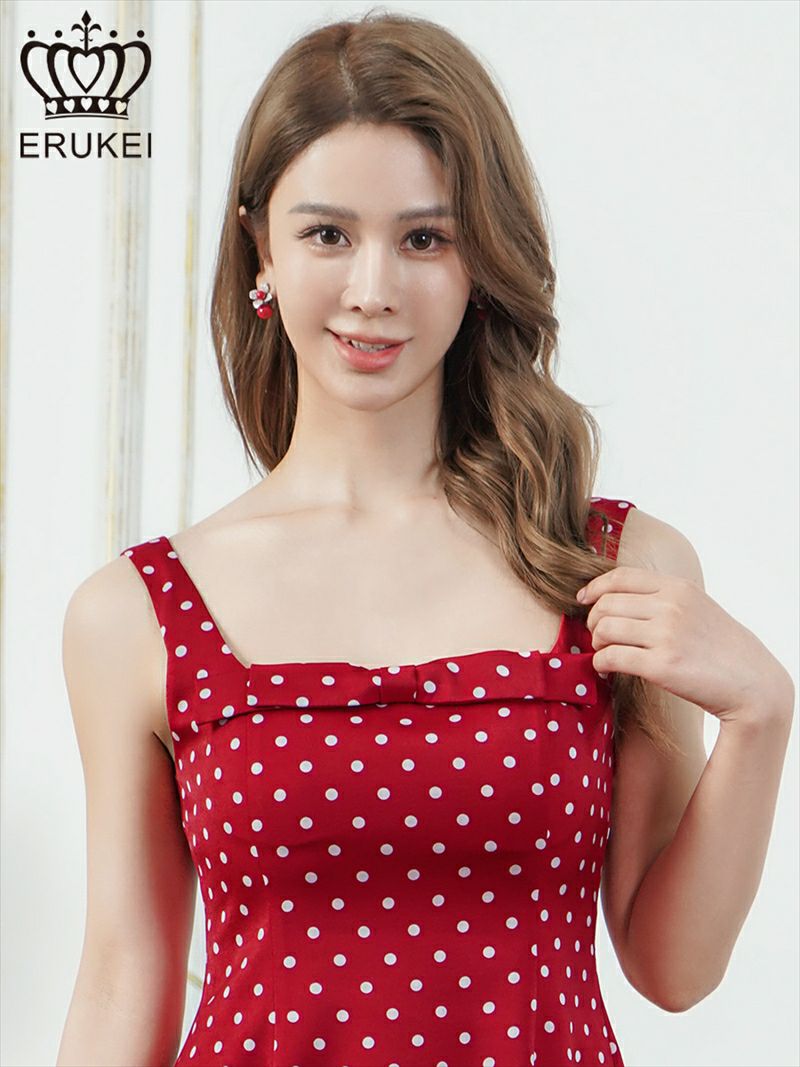 ERUKEI エルケイ ドット・ワンカラー・サテン・ノースリーブ・リボン・フレア・Aライン・ミニドレス・ワンピース ek-e25103