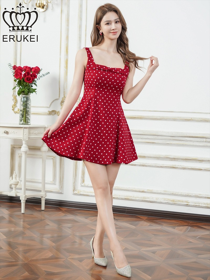 ERUKEI エルケイ ドット・ワンカラー・サテン・ノースリーブ・リボン・フレア・Aライン・ミニドレス・ワンピース ek-e25103