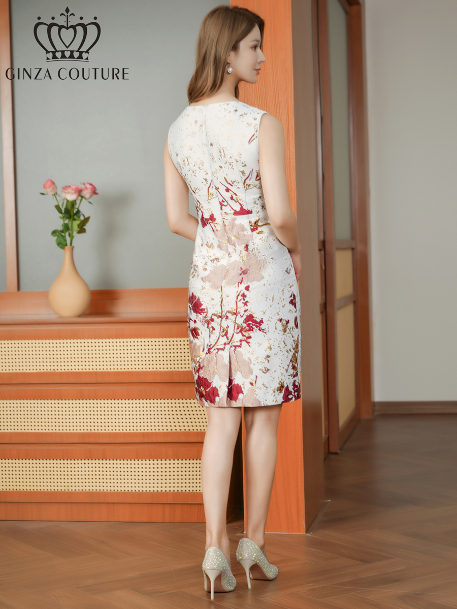 ERUKEI エルケイ  ジャガード・花柄・金糸・ノースリーブ・タイト・ミディアムドレス・ワンピース ek-c25290