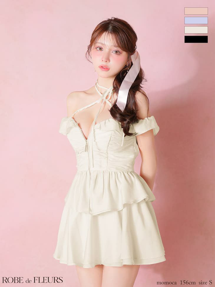 ROBE de FLEURS ローブドフルール 【XSサイズあり】フリルオフショルリボンミニセットアップキャバドレス fm3484-c