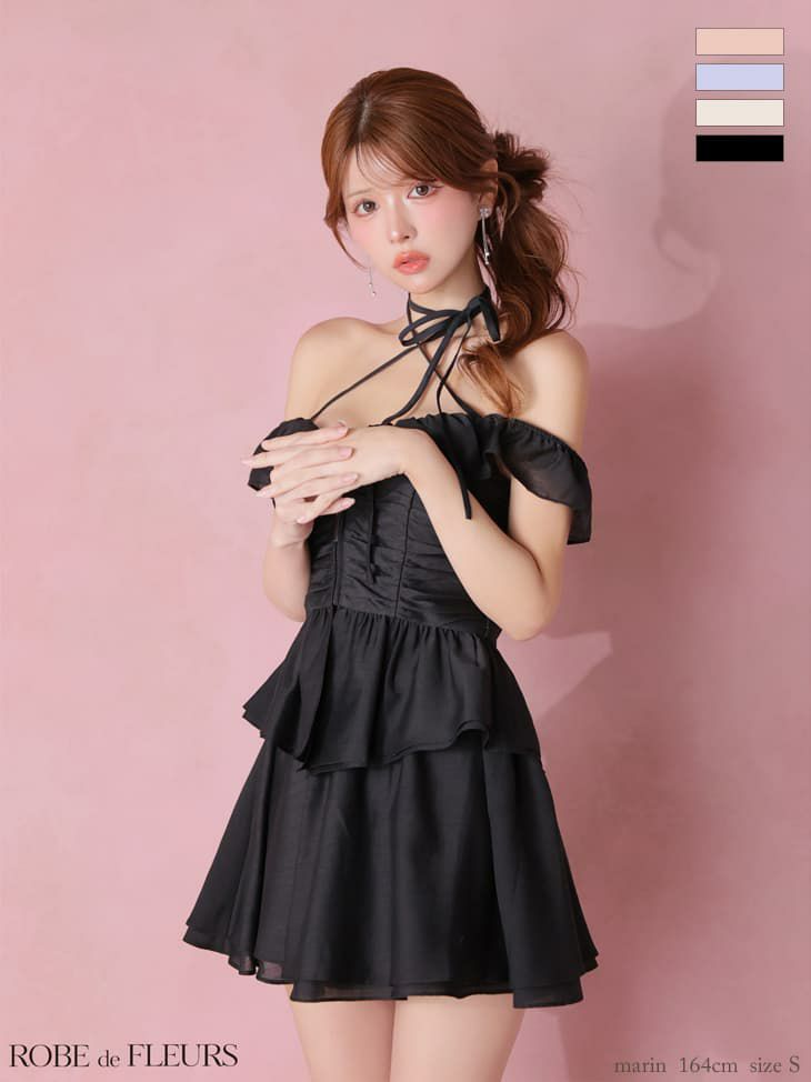 ROBE de FLEURS ローブドフルール 【XSサイズあり】フリルオフショルリボンミニセットアップキャバドレス fm3484-c
