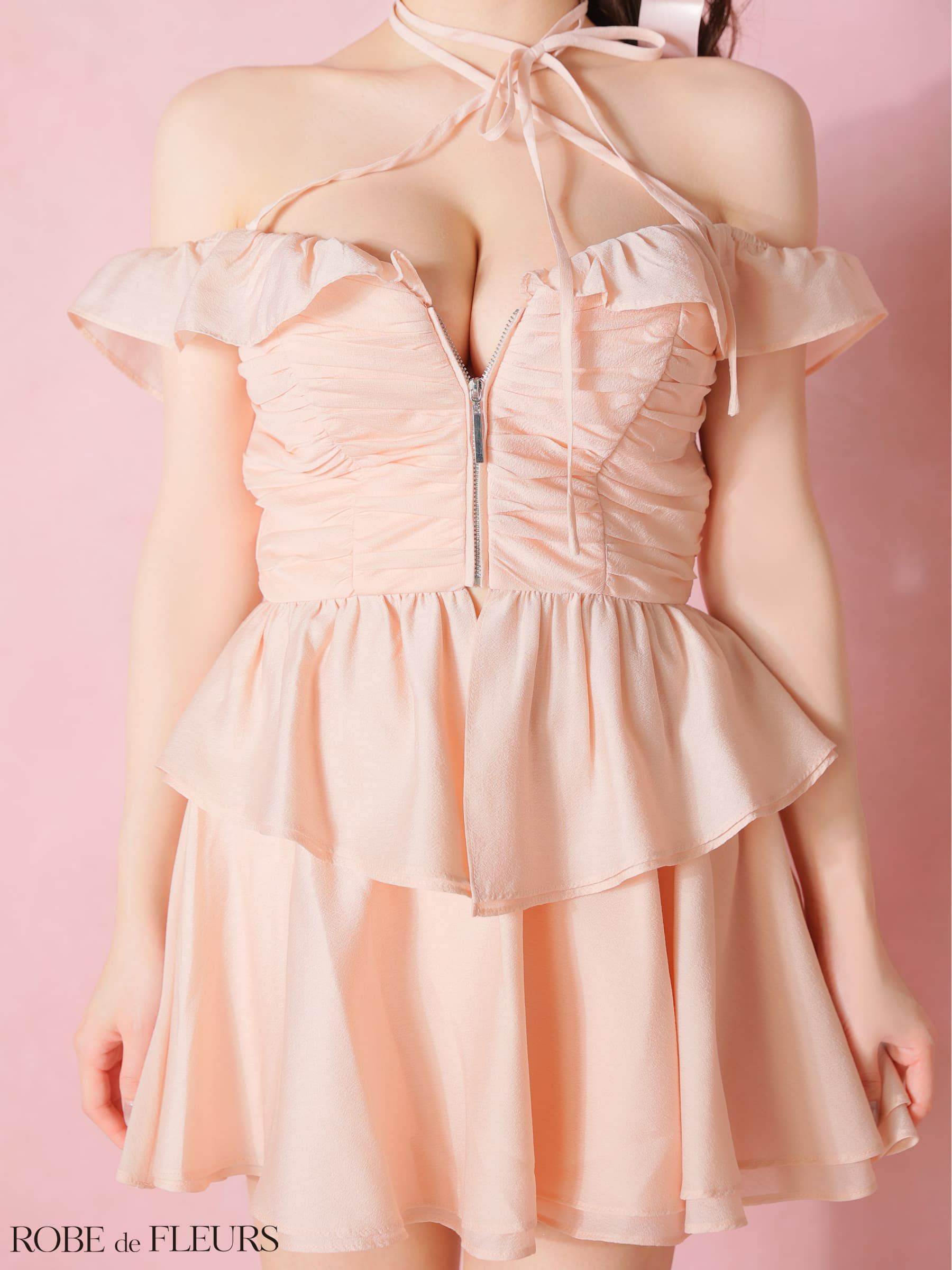 ROBE de FLEURS ローブドフルール 【XSサイズあり】フリルオフショルリボンミニセットアップキャバドレス fm3484-c