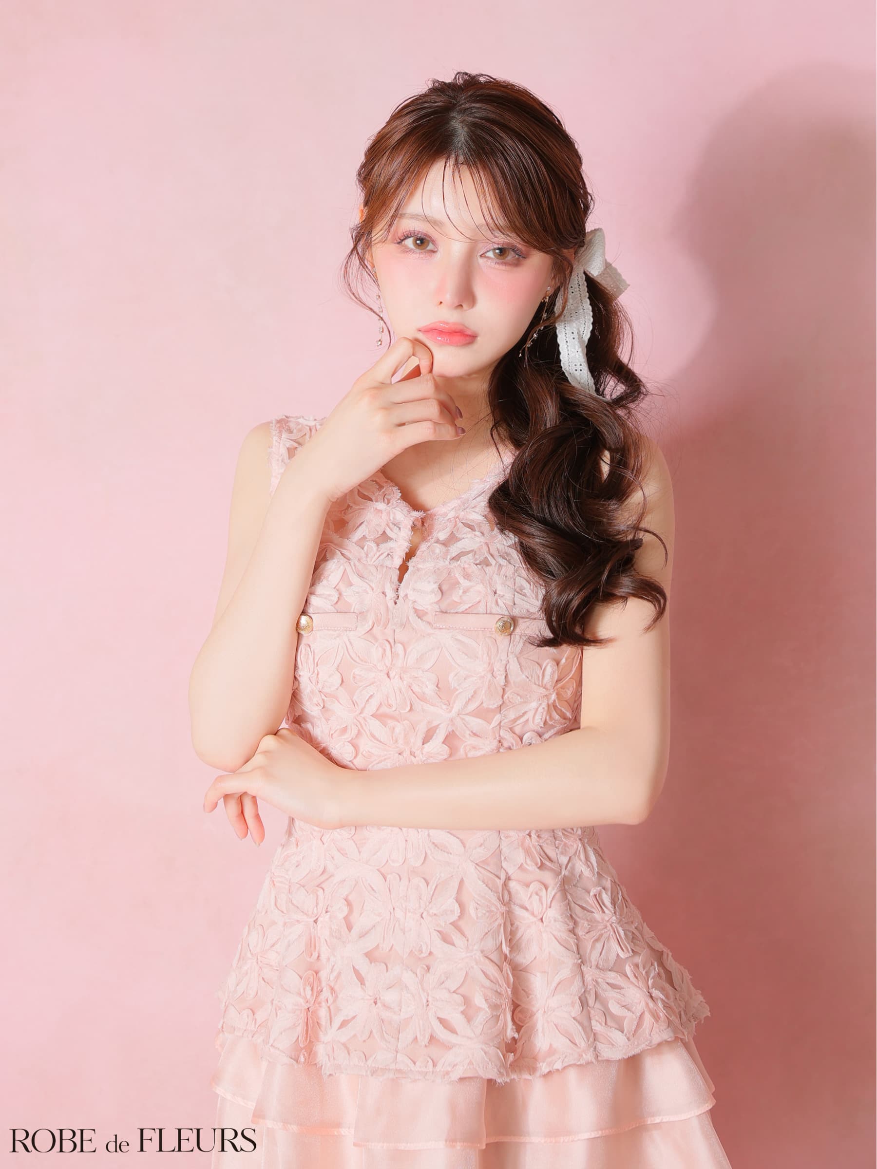 ROBE de FLEURS ローブドフルール 【XSサイズあり】フラワーレースティアードペプラムセットアップミニキャバドレス fm4327-c